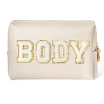 Y1tvei Body Parts Makeup Bag - Preppy Patch White Body Chenille Varsity Letter Cosmetic Bag, PU Leather Waterproof Portable Toiletry Bag, Zipper Pouch Travel Cosmetic Organizer for Women(Shell Gold)