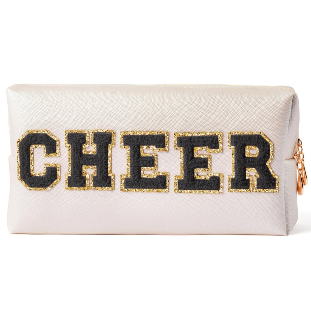Y1tvei CHEER Large Cosmetic Bag - Preppy Patch CHEER Black Chenille Letter Makeup Bag PU Leather Waterproof Portable Cheer Letter Toiletry Pouch Travel Organizer for Cheerleader Girl (Shell Gold)