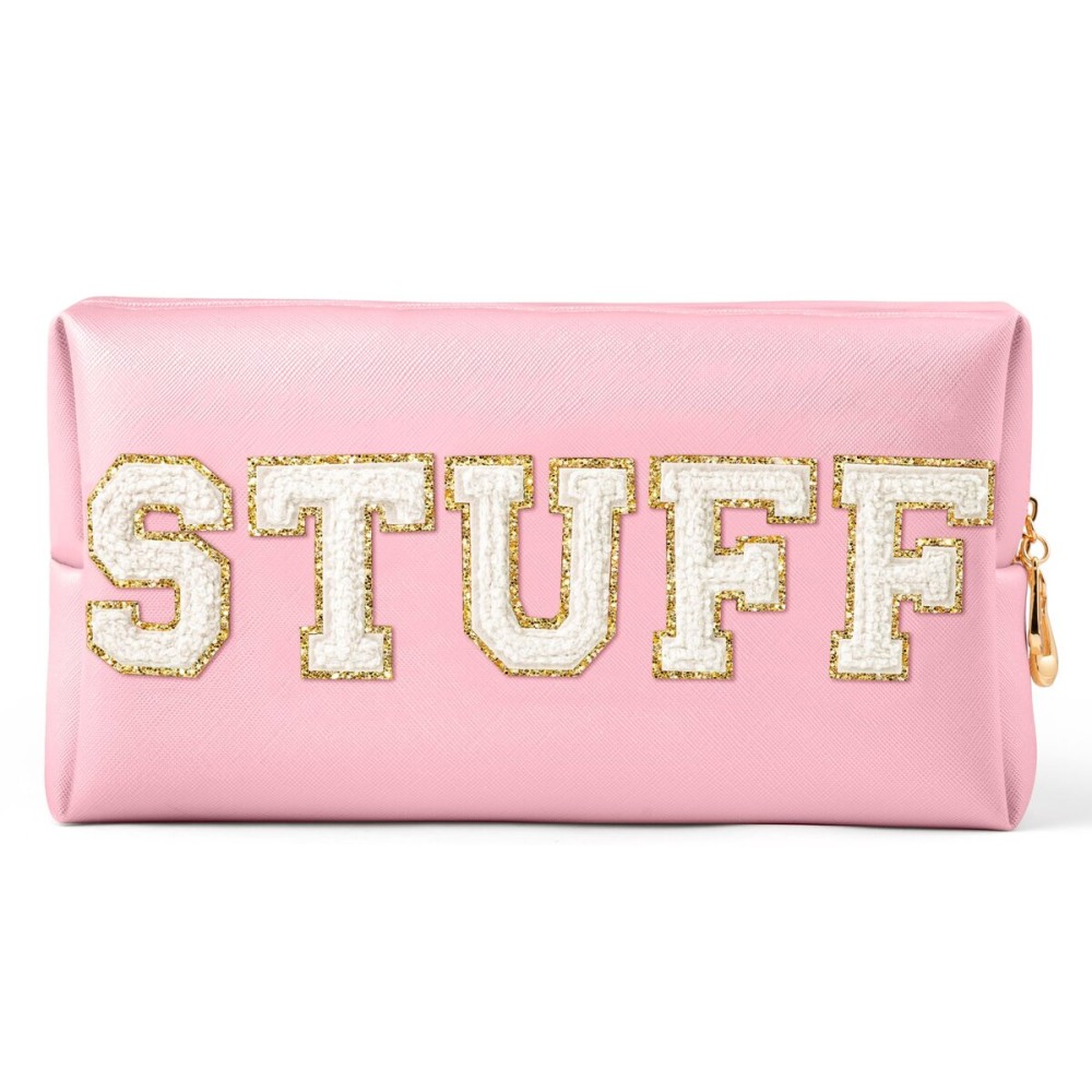 Y1tvei STUFF Makeup Bag Large - Preppy Patch Extra Large Stuff Varsity Letter Makeup Bag Sewn with White Letter PU Leather Waterproof Cosmetic Pouch Toiletry Zipper Organizer Gifts for Women(Pink)