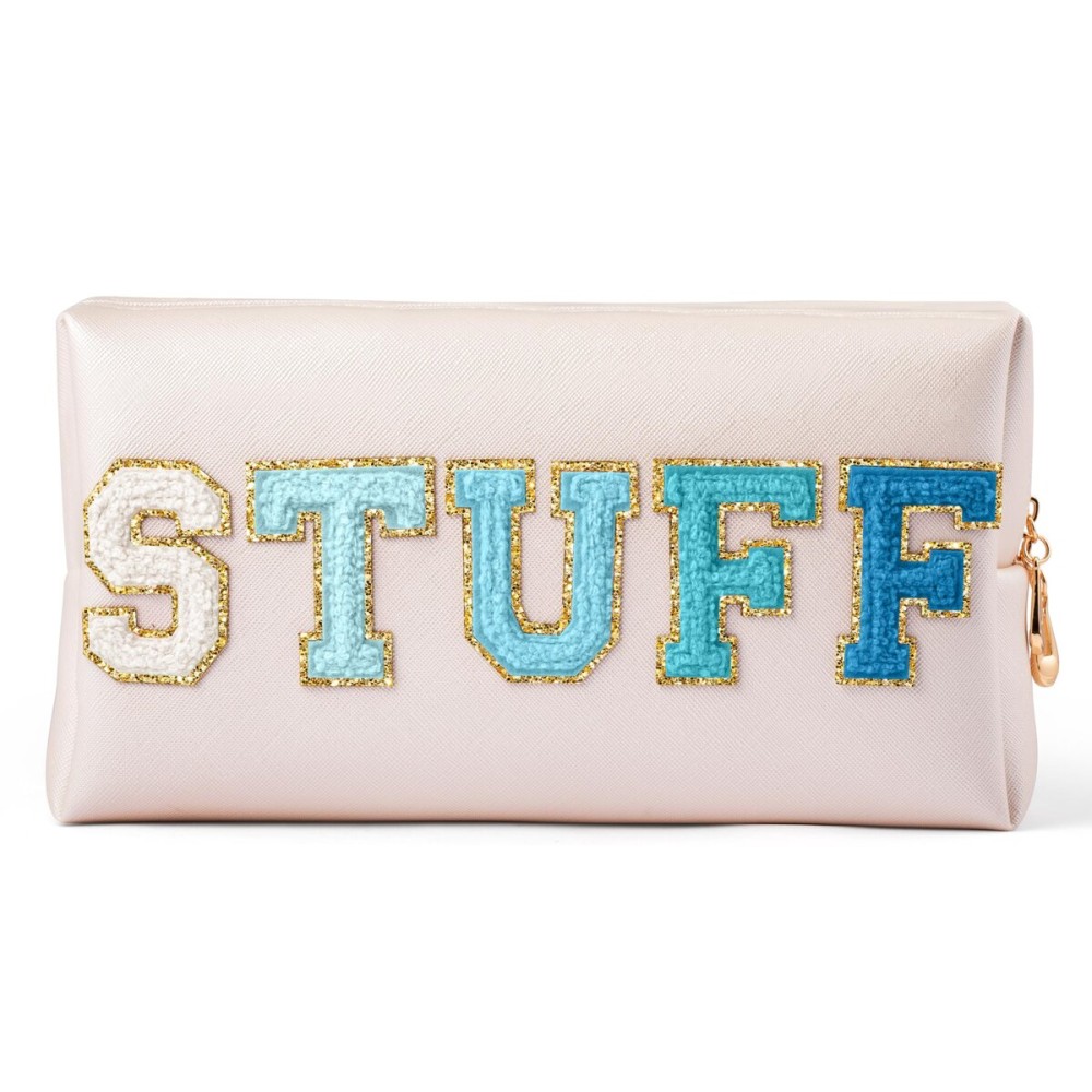 Y1tvei STUFF Makeup Bag Large - Preppy Patch Extra Large Stuff Varsity Letter Makeup Bag Sewn with Blue Letter PU Leather Waterproof Cosmetic Pouch Toiletry Zipper Organizer Gift for Women(Shell Gold)