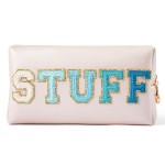 Y1tvei STUFF Makeup Bag Large - Preppy Patch Extra Large Stuff Varsity Letter Makeup Bag Sewn with Blue Letter PU Leather Waterproof Cosmetic Pouch Toiletry Zipper Organizer Gift for Women(Shell Gold)