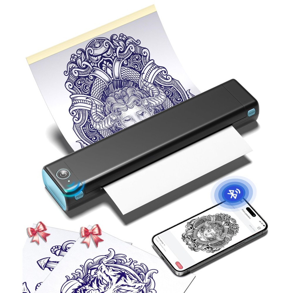 Phomemo Tattoo Stencil Printer, M08F Wireless Thermal Tattoo Printer with 10pcs Transfer Paper, Compatible with Phone/Tablet/PC, Tattoo Supplies for Tattoo Artists & Beginners, Black & Blue