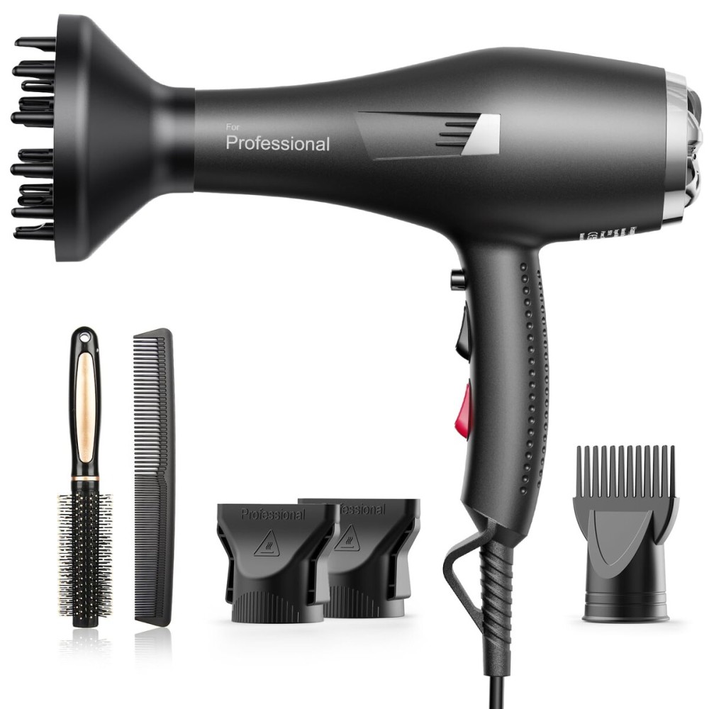 Faszin Ionic Salon Hair Dryer, Professional Blow Dryer 1600W AC Motor Fast Drying with 2 Speed, 3 Heat Setting, Cool Button, with Diffuser,Nozzle,Concentrator Comb for Curly & Straight Hair-Jet Black