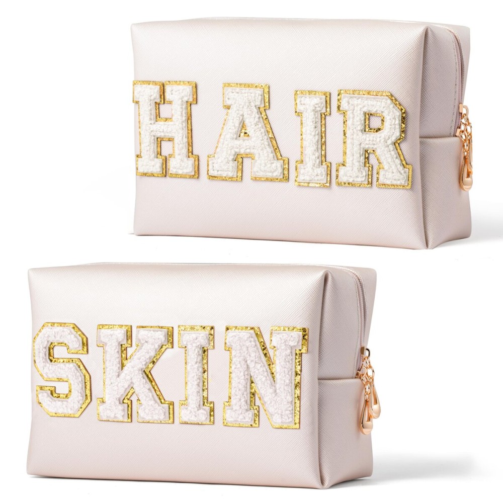 Y1tvei HAIR SKIN Makeup Bags - 2Pcs Preppy Patch SKIN HAIR Varsity White Letter Cosmetic Toiletry Bag Zipper Pouch Storage Portable Purse Waterproof Travel Organizer Gift for Women Girls (Shell Gold)