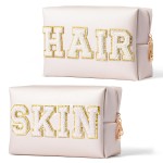 Y1tvei HAIR SKIN Makeup Bags - 2Pcs Preppy Patch SKIN HAIR Varsity White Letter Cosmetic Toiletry Bag Zipper Pouch Storage Portable Purse Waterproof Travel Organizer Gift for Women Girls (Shell Gold)