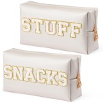 Y1tvei SNACKS STUFF Bag Pouch - Preppy White Snacks Stuff Chenille Varsity Letter Makeup Bag Leather Waterproof Toiletry Cosmetic Zipper Pouch for Purse Travel Organizer Gift for Women(Shell Gold)