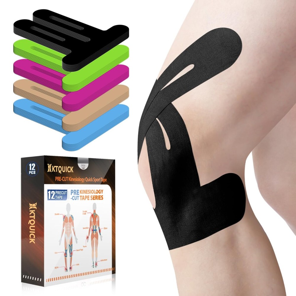 PreCut Kinesiology Tape for Knees, 12 PCS Waterproof KTQUICK Knee Tape for Knee Pain Relief Pre Cut, Original Cotton Athletic Knee Tape, Waterproof & Hypoallergenic Latex-Free for Sports (Black)