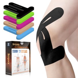 PreCut Kinesiology Tape for Knees, 12 PCS Waterproof KTQUICK Knee Tape for Knee Pain Relief Pre Cut, Original Cotton Athletic Knee Tape, Waterproof & Hypoallergenic Latex-Free for Sports (Black)