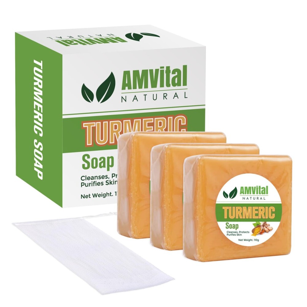AMVital Turmeric Soap Bar for Face & Body - Handmade Natural Cleanser, Gentle Herbal Skincare for All Skin Types, Face Wash & Body Soap (Pack of 3)