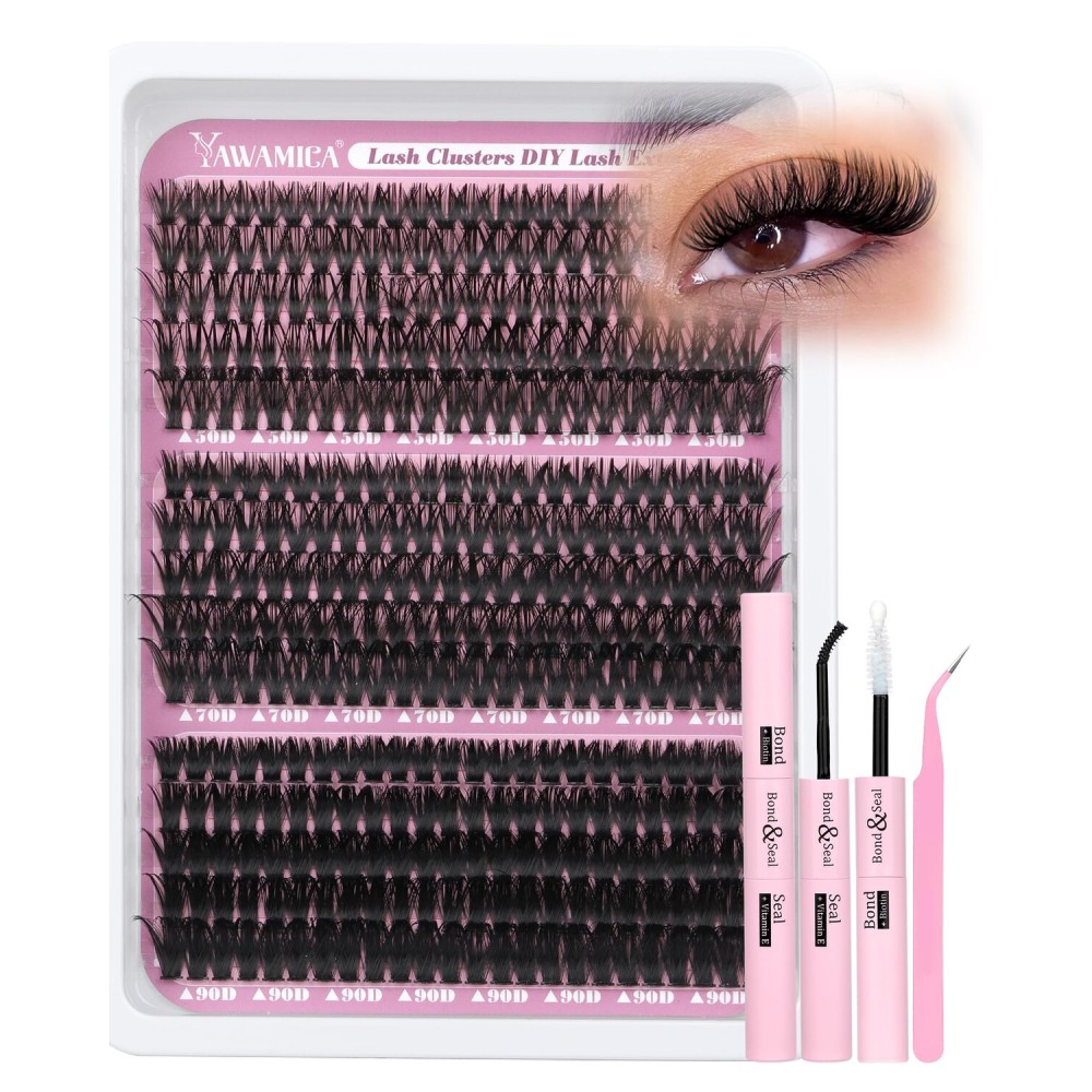 Yawamica Lash Extension Kit 360pcs Wispy Lashes Clusters D Curly Eyelash Clusters 50D 70D 90D Eyelash Extension Kit 10-18mm DIY Lash Clusters Kit with Bond and Seal Lash Tweezers for Self Application