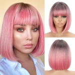 WERD Short Pink Bob Wig for Women Ombre Pink Wig With Bangs Synthetic Hair Straight Pink Bob Wig for Daily Party Cosplay