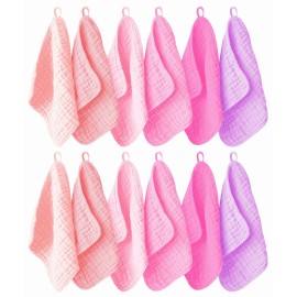 Ease Cubs 12 Pack Muslin Washcloths for Baby - 100% Cotton Baby Wash Cloths for or Baby Face Body Comfy and Soft for Newborn Infants Kids Girls and Boys - 12x12 - Pink, Purple and Sakura Series