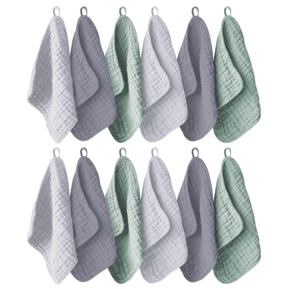 Ease Cubs 12 Pack Muslin Washcloths for Baby - 100% Cotton Baby Wash Cloths for or Baby Face Body Comfy and Soft for Newborn Infants Kids Girls and Boys - 12x12 - Grey, Green and Slate