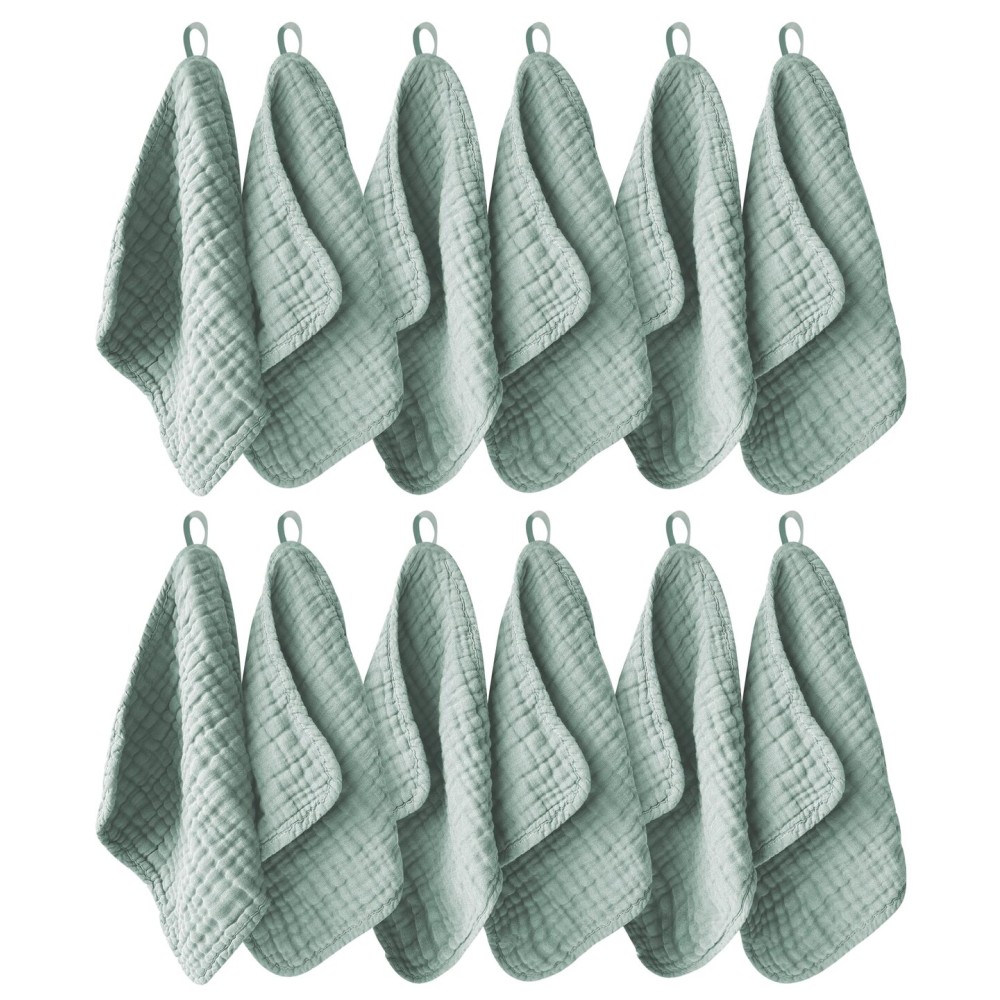 Ease Cubs 12 Pack Muslin Washcloths for Baby - 100% Cotton Baby Wash Cloths for or Baby Face Body Comfy and Soft for Newborn Infants Kids Girls and Boys - 12x12 - Green