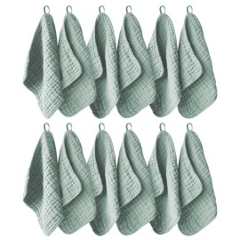 Ease Cubs 12 Pack Muslin Washcloths for Baby - 100% Cotton Baby Wash Cloths for or Baby Face Body Comfy and Soft for Newborn Infants Kids Girls and Boys - 12x12 - Green