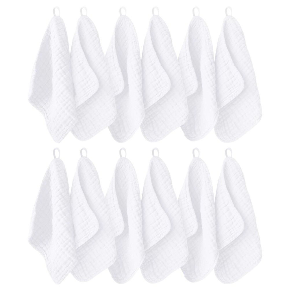 Ease Cubs 12 Pack Muslin Washcloths for Baby - 100% Cotton Baby Wash Cloths for or Baby Face Body Comfy and Soft for Newborn Infants Kids Girls and Boys - 12x12 - White