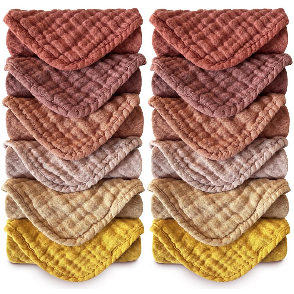 MOON PARK Baby Washcloths, 12 Pack - 12x12 Inches, Small Burp Cloths and Baby Wipes - 100% Cotton Muslin Ultra Soft for Newborn, Infant and Toddlers - Brown, Honey and Bean Paste Series