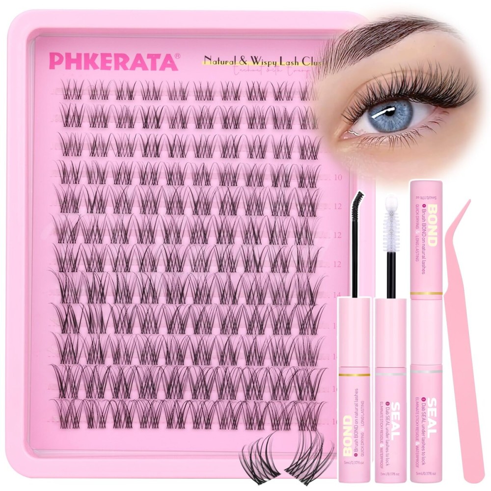 PHKERATA Invisible Band Lash Clusters Kit Wispy Lash Extension Kit Natural Eyelash Clusters DIY Cluster Eyelash Extension Kit Individual Lashes with Lash Glue Bond and Seal Tweezers, 8-16 mm