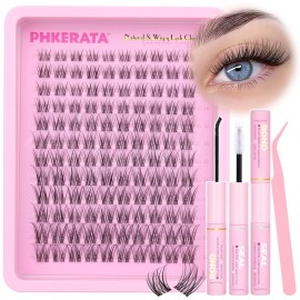 PHKERATA Invisible Band Lash Clusters Kit Wispy Lash Extension Kit Natural Eyelash Clusters DIY Cluster Eyelash Extension Kit Individual Lashes with Lash Glue Bond and Seal Tweezers, 8-16 mm