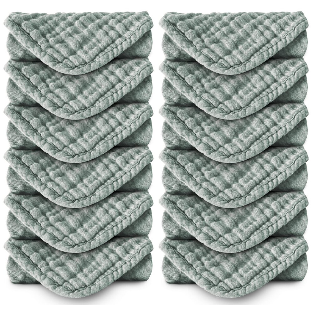 MOON PARK Baby Washcloths, 12 Pack - 12x12 Inches, Small Burp Cloths and Baby Wipes - 100% Cotton Muslin Ultra Soft for Newborn, Infant and Toddlers - Green