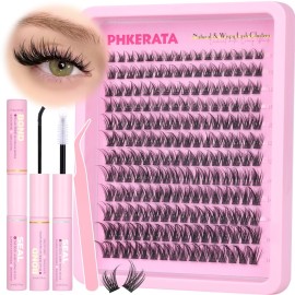 PHKERATA Wispy Lash Clusters Kit Natural Lash Extension Kit 192 pcs Cluster Eyelash Extension Kit DIY Individual Lashes Lashes with Lash Glue Bond and Seal Tweezers Soft Eyelash Clusters, 8-16 mm