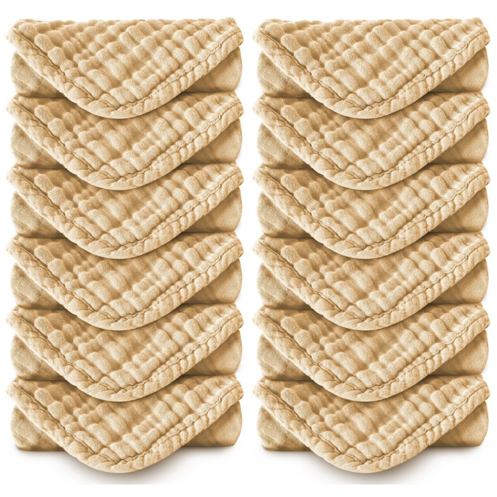 MOON PARK Baby Washcloths, 12 Pack - 12x12 Inches, Small Burp Cloths and Baby Wipes - 100% Cotton Muslin Ultra Soft for Newborn, Infant and Toddlers - Brown