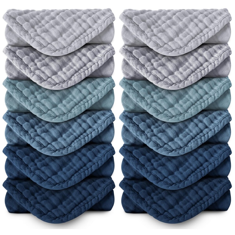 MOON PARK Baby Washcloths, 12 Pack - 12x12 Inches, Small Burp Cloths and Baby Wipes - 100% Cotton Muslin Ultra Soft for Newborn, Infant and Toddlers - Slate, Grey and Navy Series