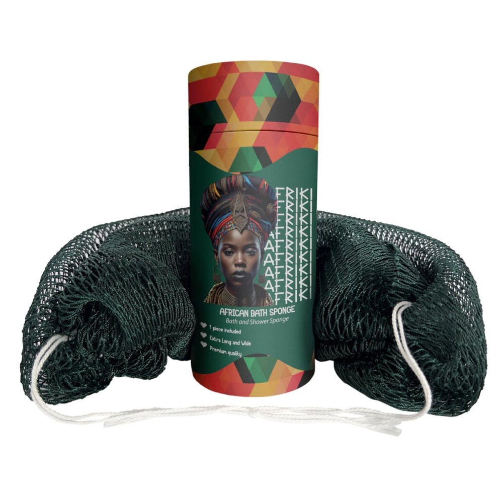 AFRIKI African Net Sponge - Exfoliating Body Scrubber, Black Owned & Rooted in Africa, All Skin Types | 45 in Long (Forest Green)