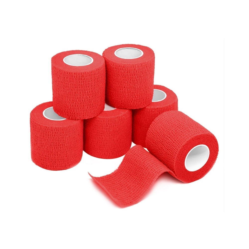 FriCARE Self Adhesive Bandage Wrap, Medical Tape in First Aid Kit, Cohesive Bandages for Wounds Sport Vet, 2 Inches X 5 Yards 6 Rolls, Red