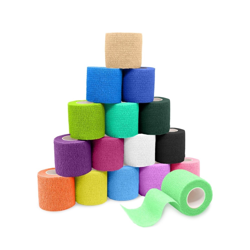 FriCARE Self Adhesive Bandage Wrap, Medical Tape in First Aid Kit, Cohesive Bandages for Wounds Sport Vet, 2 Inches X 5 Yards 16 Rolls, Glowing