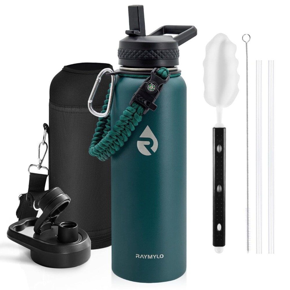 RAYMYLO Insulated Water Bottle 40 oz, Triple Wall Vacuum Stainless Steel (Cold for 48 Hrs), Leak Proof & Non-BPA, Modern Water Flask Jug with Paracord Handle & Straw Spout Lids, Dark Green