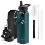 RAYMYLO Insulated Water Bottle 40 oz, Triple Wall Vacuum Stainless Steel (Cold for 48 Hrs), Leak Proof & Non-BPA, Modern Water Flask Jug with Paracord Handle & Straw Spout Lids, Dark Green