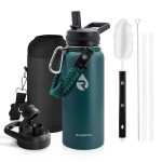 RAYMYLO Insulated Water Bottle 32 oz, Triple Wall Vacuum Stainless Steel (Cold for 48 Hrs), Leak Proof & Non-BPA, Modern Water Flask Jug with Paracord Handle & Straw Spout Lids, Dark Green