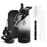 RAYMYLO Insulated Water Bottle 32 oz, Triple Wall Vacuum Stainless Steel (Cold for 48 Hrs), Leak Proof & Non-BPA, Modern Water Flask Jug with Paracord Handle & Straw Spout Lids, Ombre: White/Black