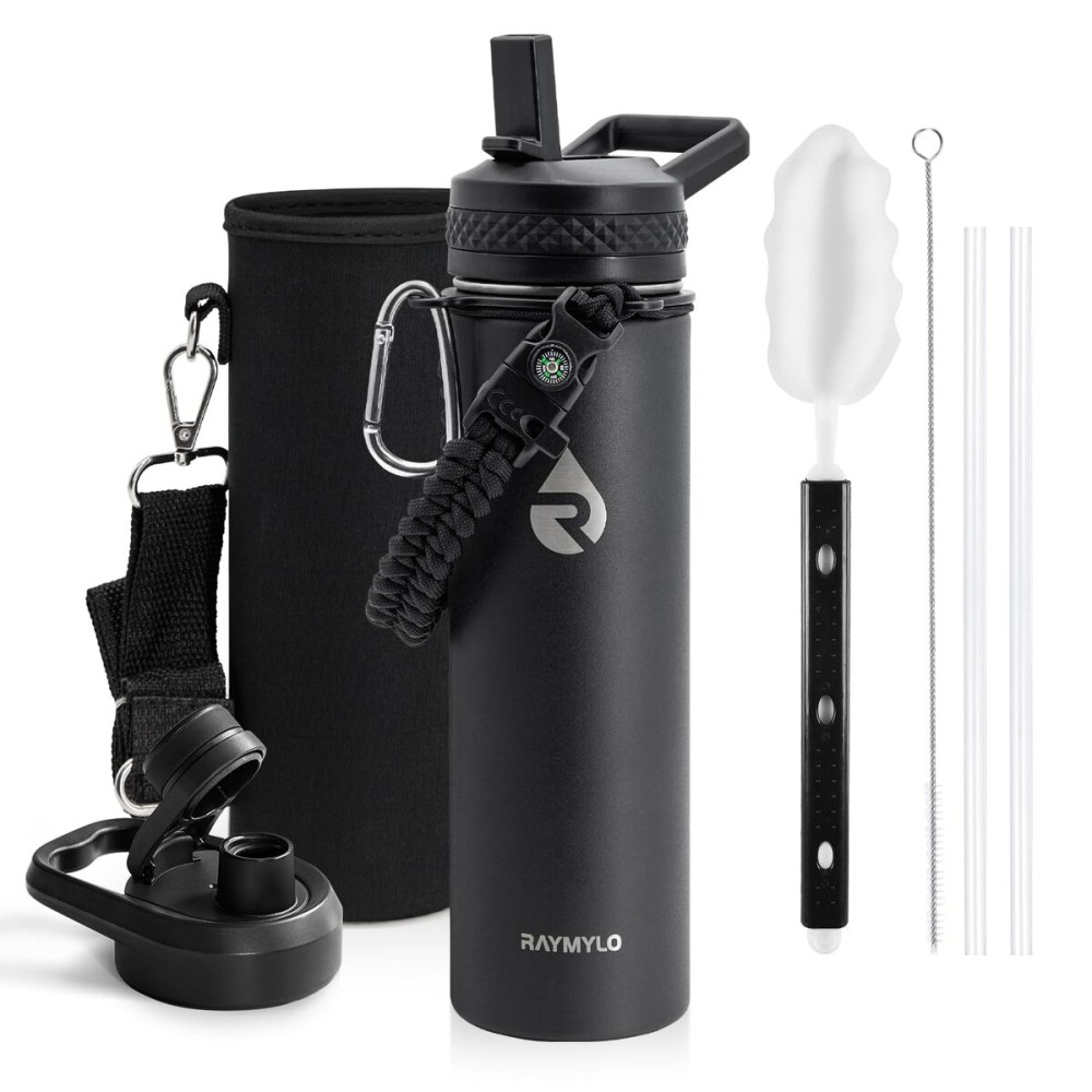 RAYMYLO Insulated Water Bottle 20 oz, Triple Wall Vacuum Stainless Steel (Cold for 48 Hrs), Leak Proof & Non-BPA, Kids Water Bottle Jug for School with Straw Spout Lids, Magic Black