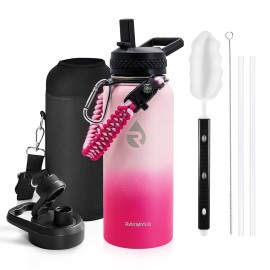 RAYMYLO Insulated Water Bottle 32 oz, Triple Wall Vacuum Stainless Steel (Cold for 48 Hrs), Leak Proof & Non-BPA, Modern Water Flask Jug with Paracord Handle & Straw Spout Lids, Ombre Pink