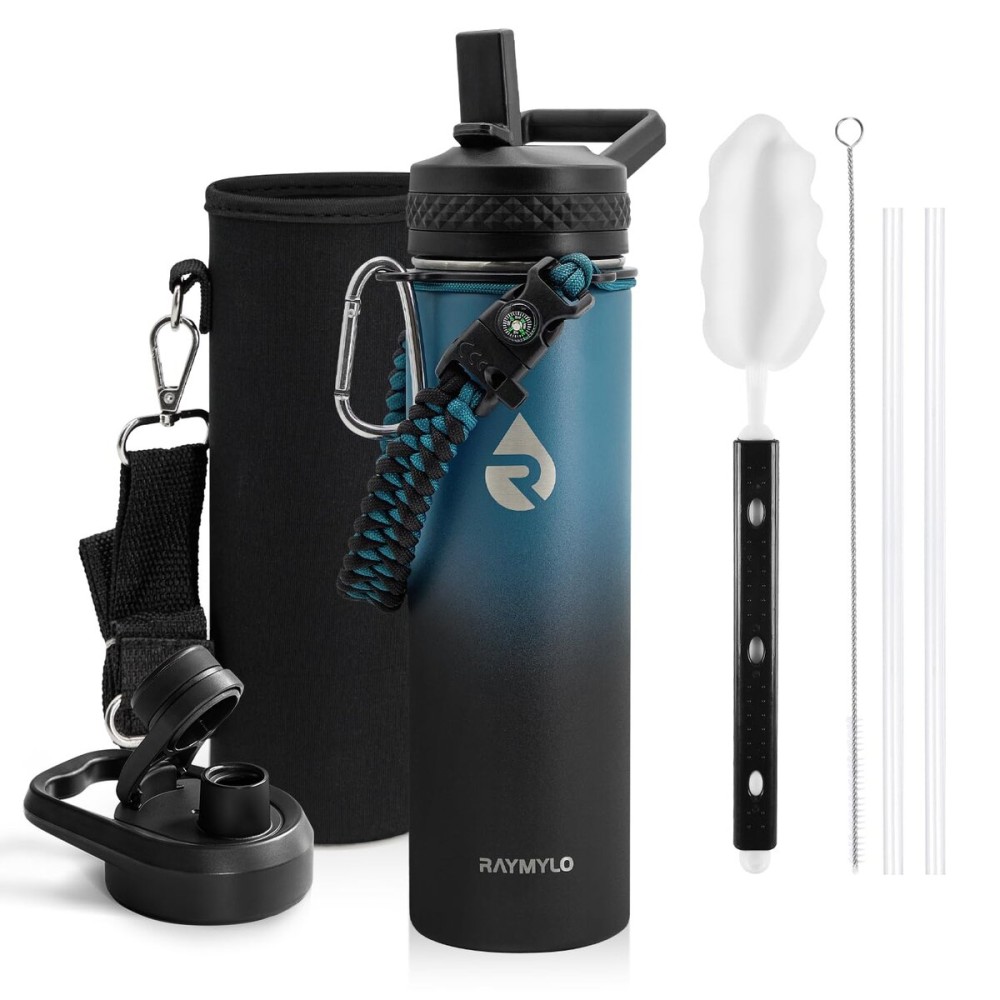 RAYMYLO Insulated Water Bottle 20 oz, Triple Wall Vacuum Stainless Steel (Cold for 48 Hrs), Leak Proof & Non-BPA, Kids Water Bottle Jug for School with Straw Spout Lids, Indigo/Black