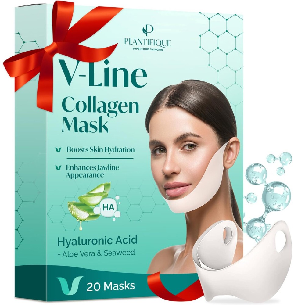 PLANTIFIQUE V-Line Collagen Mask for face 20 PCS | Chin Strap for Women & Men | V Line Lifting Mask with Collagen and Hyaluronic Acid V Shape Face Tape Chin | Skin Firming