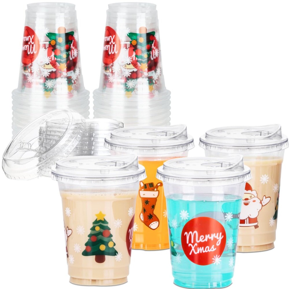 Aatriet 16 oz Christmas Cups Plastic Coffee Cups with Lids, Christmas Cup Disposable 25 Sets, Xmas holiday Party Supply for Iced Coffee & Drinks, To Go Cups