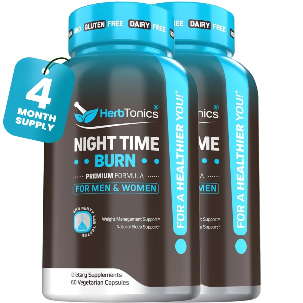 Herbtonics Night Time Burn & Sleep Complex Supports Overnight Metabolism, Stress Relief & Deep Sleep. Includes Melatonin, Valerian and Green Tea - Vegan Bedtime Weight Management (120 Capsules)
