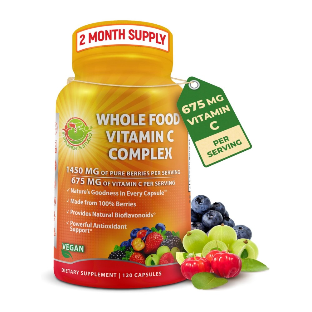Whole Food Vitamin C Complex - 1450mg Organic Berries - 675 mg Vitamin C per Serving, High-Potency Antioxidant & Immune Support with Acerola, Amla and Natural Bioflavonoids - Vegan, Non-GMO, 120 Count