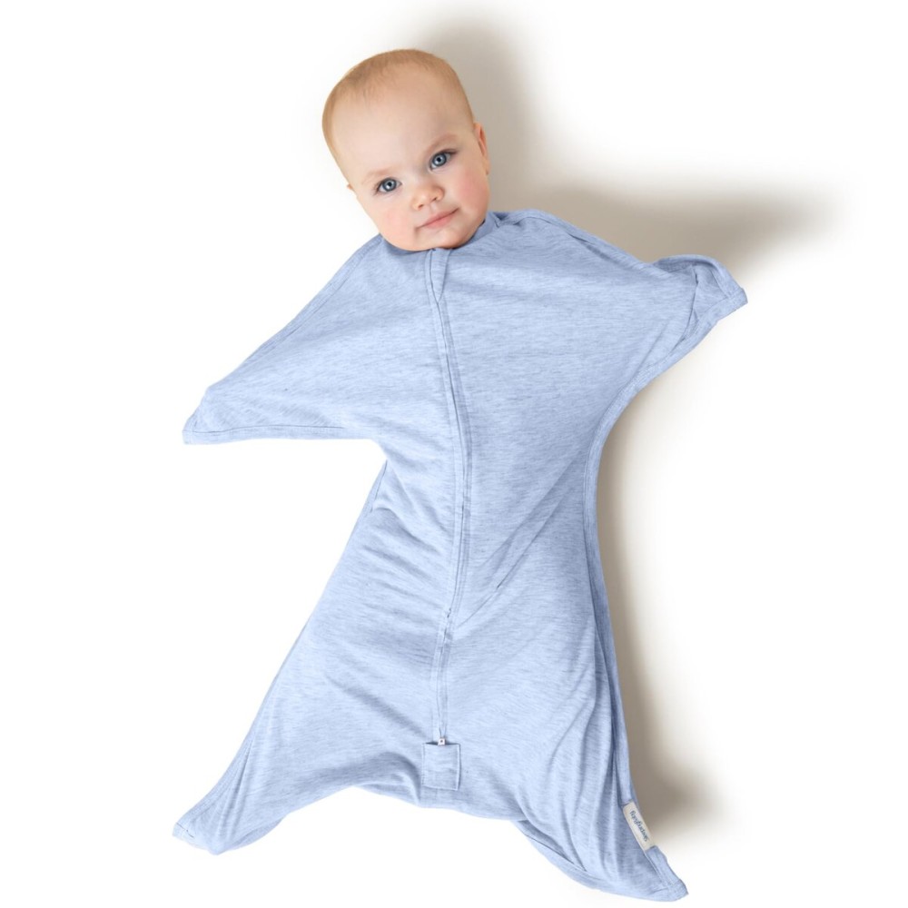 SleepingBaby Zipadee-Zip Transition Swaddle - Cozy Baby Swaddling Blanket with Zipper Convenience - Roomy Wearable Blanket for Easy Diaper Changes - 4-8 Month - Baseline Blue Heather