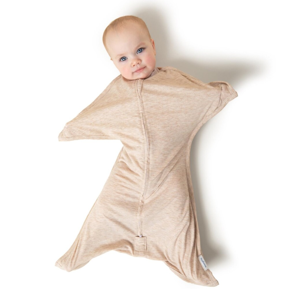 SleepingBaby Zipadee-Zip Transition Swaddle - Cozy Baby Swaddling Blanket with Zipper Convenience - Roomy Wearable Blanket for Easy Diaper Changes - 4-8 Month - Balanced Beige Heather