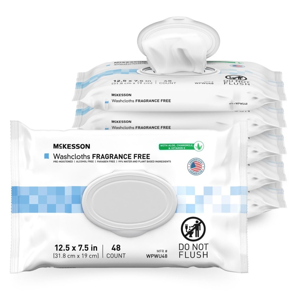 McKesson Washcloth Wipes for Adults, Unscented (6 Pack, 288 Washcloths) Disposable Wash Cloths for Body - Fragrance-Free No-Rinse Formula - Good for Incontinence and Elderly - 48 Wipes Per Pack