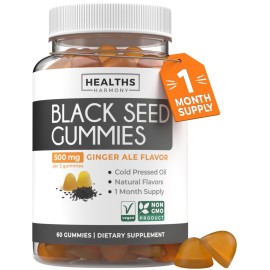 Black Seed Oil Gummies - Natural Ginger Ale Flavor (Non-GMO & Vegan) Cold-Pressed Nigella Sativa Producing Pure Black Cumin Seed Oil - 500mg Per 2 Gummy Serving