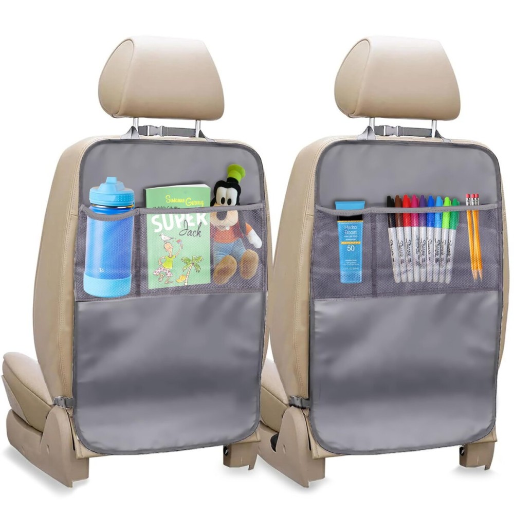 EcoNour 2-Pack Back of Seat Protector for Kids Feet | Grey Oxford Fabric Car Kick Mats with 2 Pocket Organizer | Seat Protector for Vehicles from Dirt, Mud & Scratches | Car Accessories