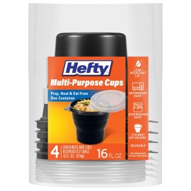 Hefty Multi-Purpose Black Plastic Cups with Lids, Reusable To Go Cups with Lids, Holds Food and Drink, Fits Most Car Cup Holders, Leak-Resistant Lid, Microwave Safe, Dishwasher Safe, 4 Count