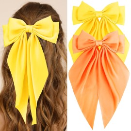 Atoden Hair Bows Silky Satin Bows for Hair Ribbons 2Pcs Coquette Oversized Long Tail Hair Bow Clips Barrettes Big Bowknot Hair Accessories for Women Girl Trendy Stuff Gifts (Yellow Orange)