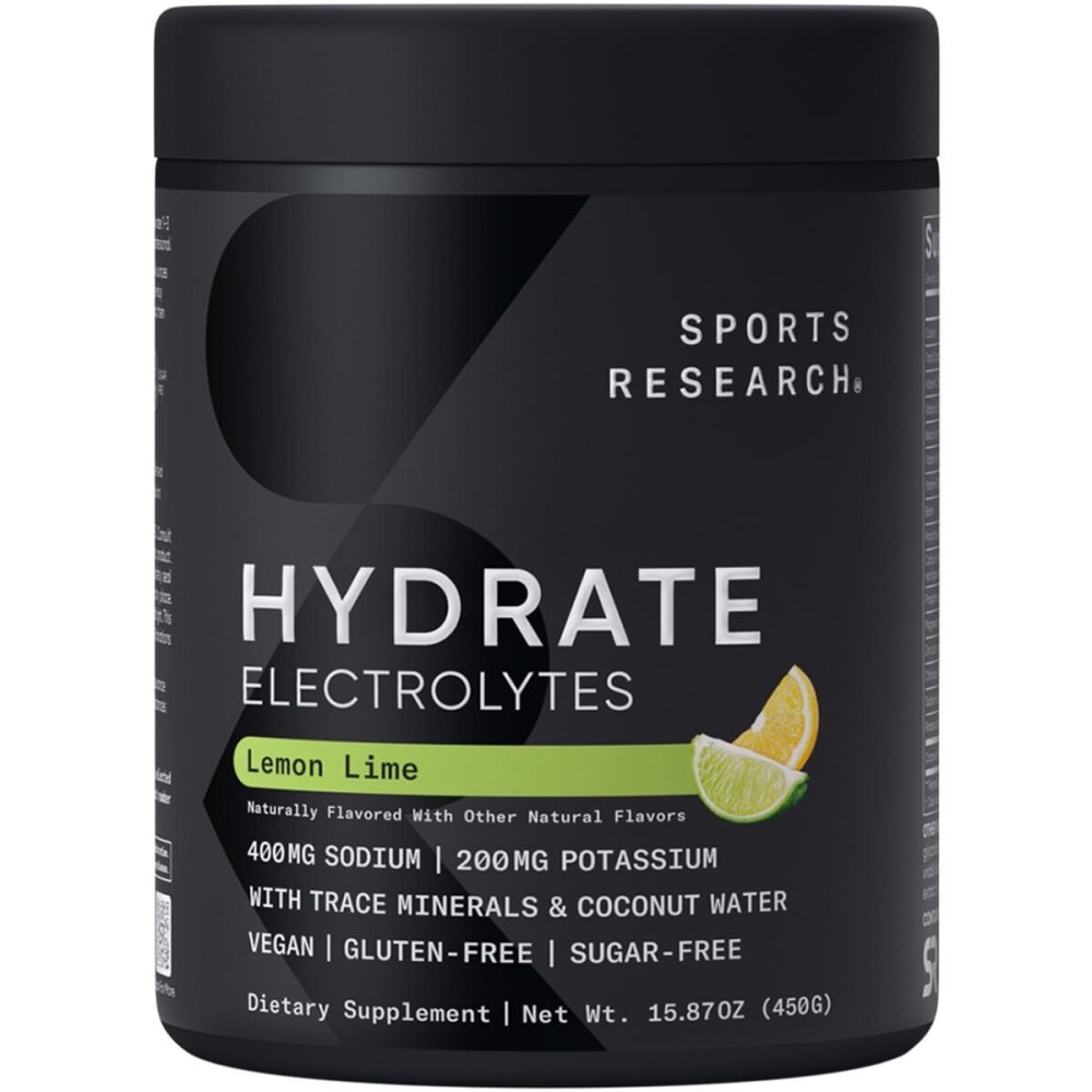Sports Research Hydrate Electrolytes Powder - Sugar-Free & Naturally Flavored with Vitamins, Minerals, and Coconut Water - Supports Hydration - Lemon Lime - 90 Servings