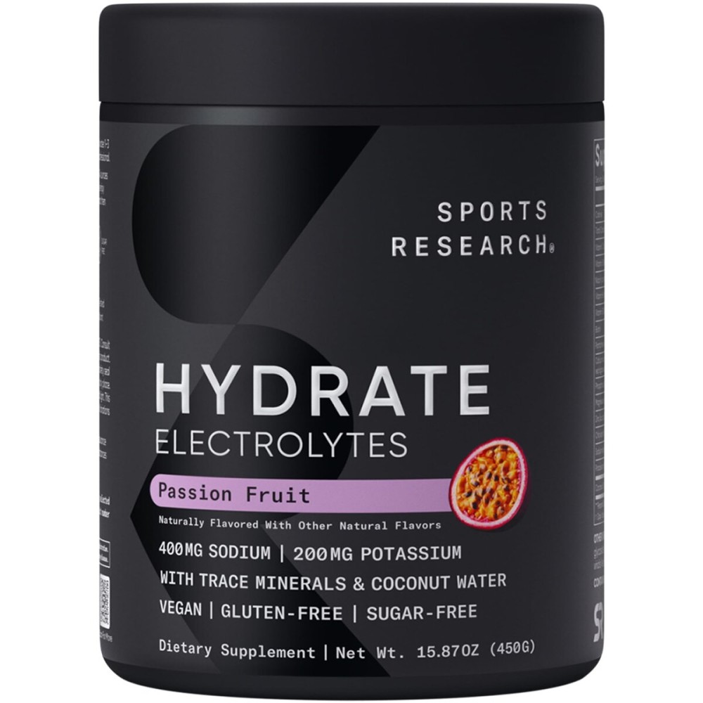 Sports Research Hydrate Electrolytes Powder - Sugar-Free & Naturally Flavored with Vitamins, Minerals, and Coconut Water - Supports Hydration - Passion Fruit - 90 Servings